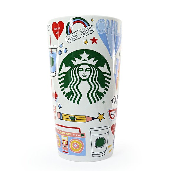 Starbucks Ceramic Tumbler Mug Back 2 School Teacher Retro Graffiti Doodling 12oz